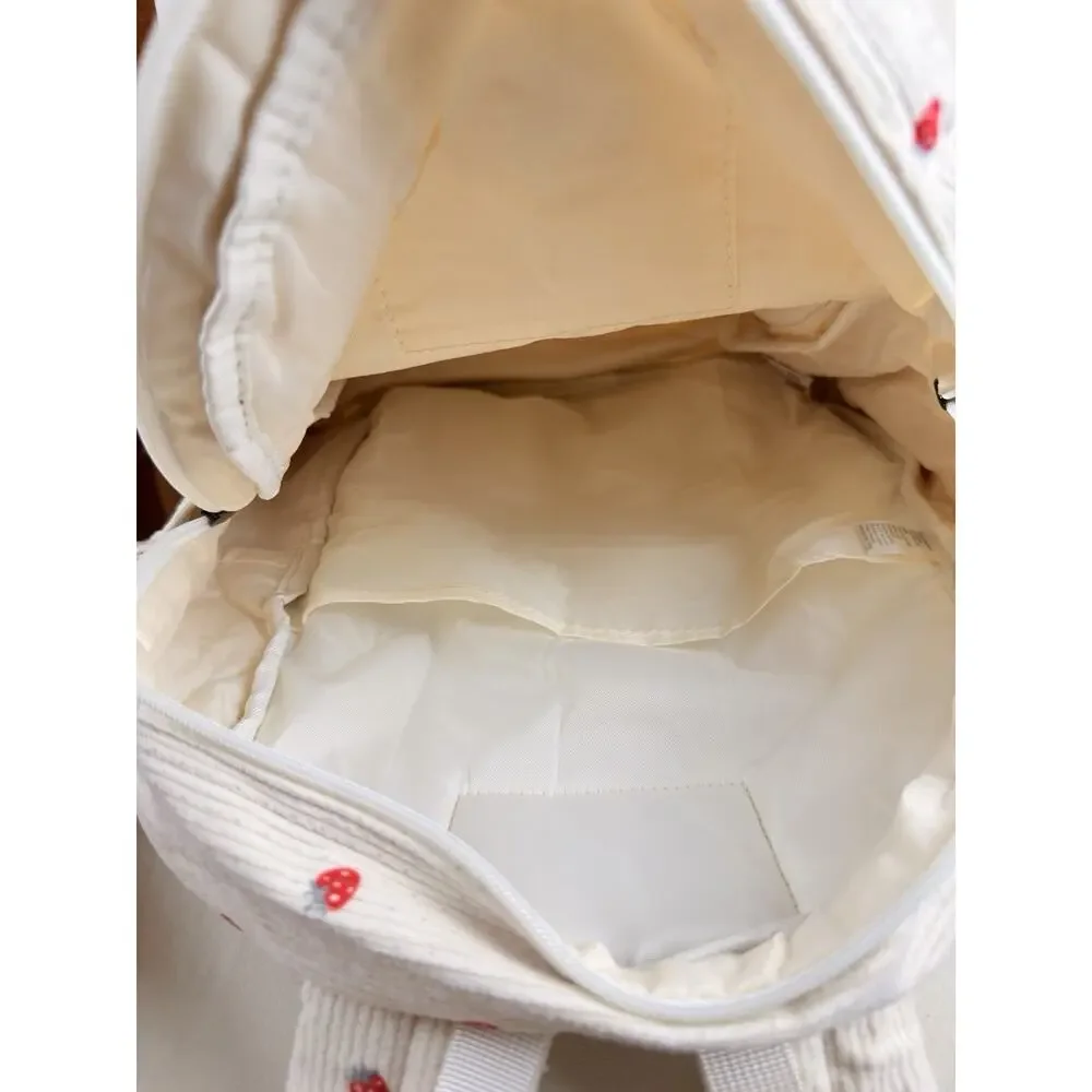 Miqah Mini Corduroy Strawberry Backpack Cream/Red Zip Pockets Adjustable Straps